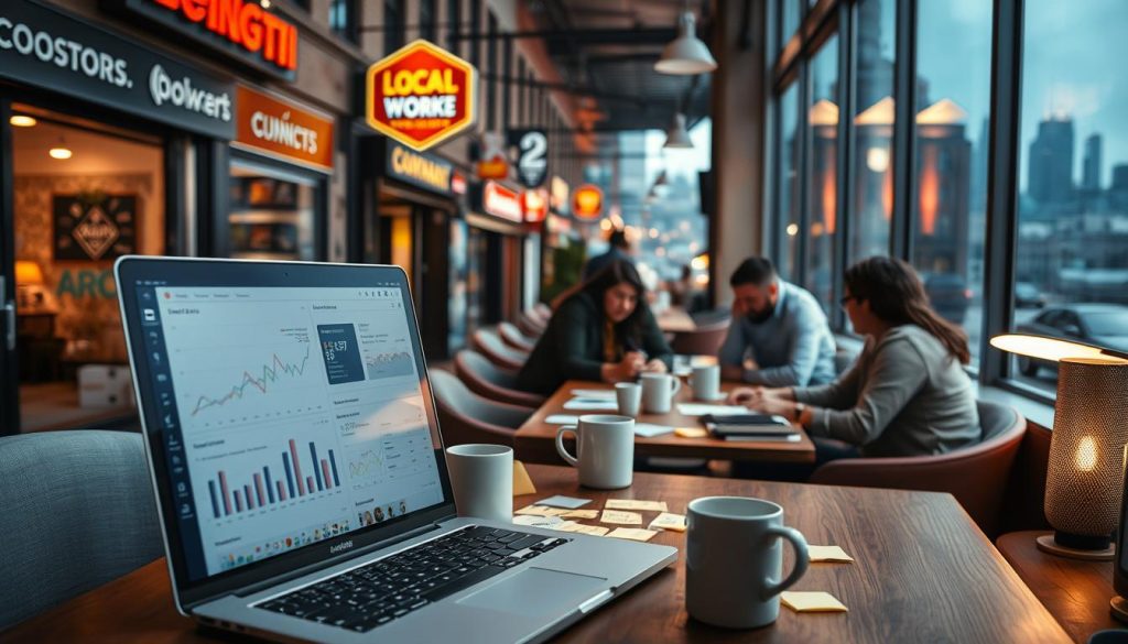 A bustling local business district, with storefronts and neon signs illuminating the streets. In the foreground, a laptop screen displays analytics data, graphs, and keyword rankings, surrounded by a scattering of sticky notes and coffee mugs. The middle ground features a team of marketers huddled around a table, passionately discussing optimization strategies. In the background, a city skyline is visible through large windows, hinting at the broader context of the local market. Soft, warm lighting casts a cozy, focused atmosphere, as the team works to turn their tracking insights into impactful optimization actions.
