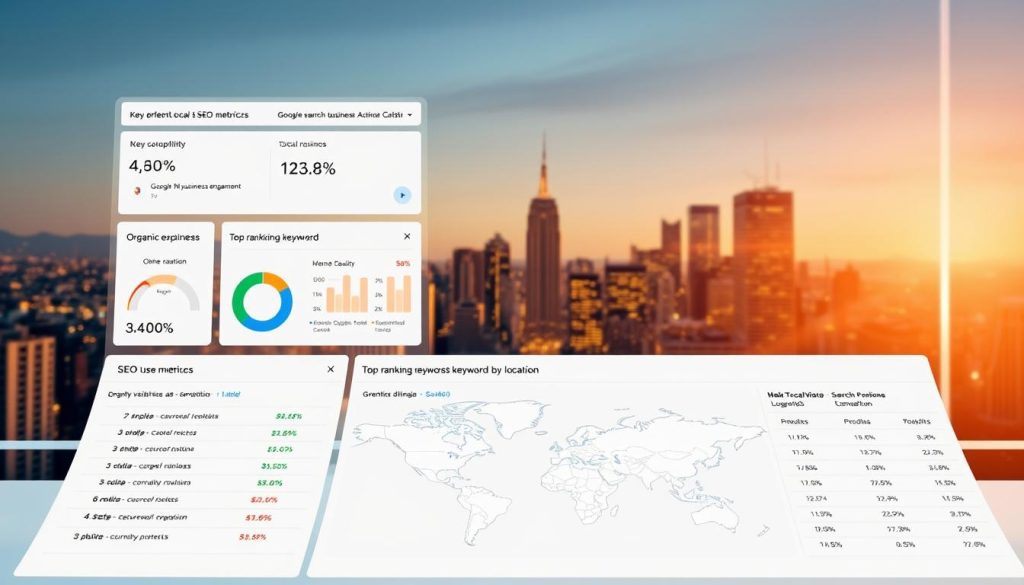 A neatly organized dashboard displaying essential local SEO metrics on a sleek, modern interface. In the foreground, key performance indicators like organic search visibility, Google My Business engagement, and online review sentiment are showcased with clean, intuitive visualizations. The middle ground features an interactive map highlighting the business's top ranking keywords by location, with granular data on search volume and competition. In the background, a subtle cityscape scene sets the tone for local optimization, bathed in warm, ambient lighting that creates a professional, analytical atmosphere. The overall composition conveys a comprehensive, data-driven approach to tracking and optimizing local search performance.